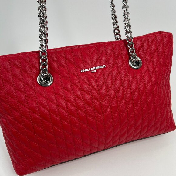 Karl Lagerfeld Paris Womens Karolina Chain Tote Bag, Crimson - Picture 1 of 9